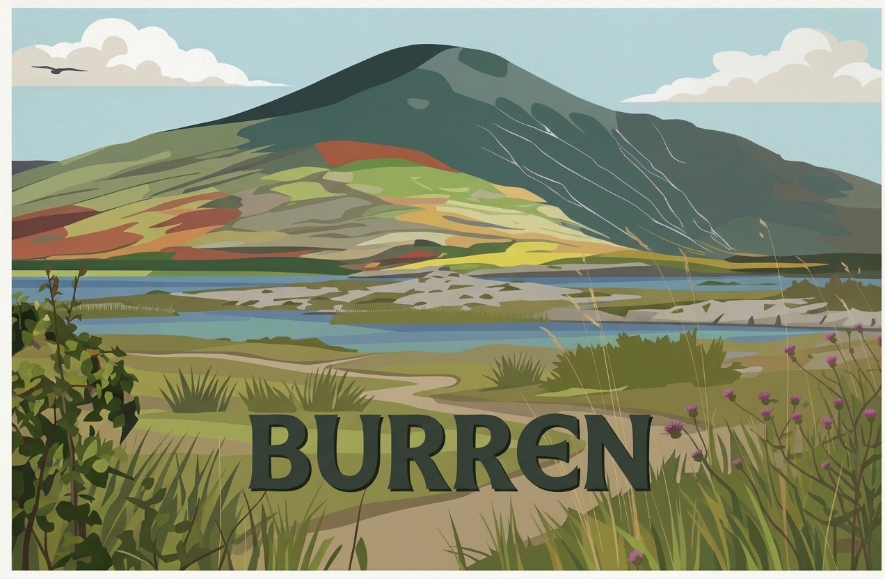 AI-generated vintage travel poster of The Burren, Co. Clare — created with Google Gemini for sublimation printing
